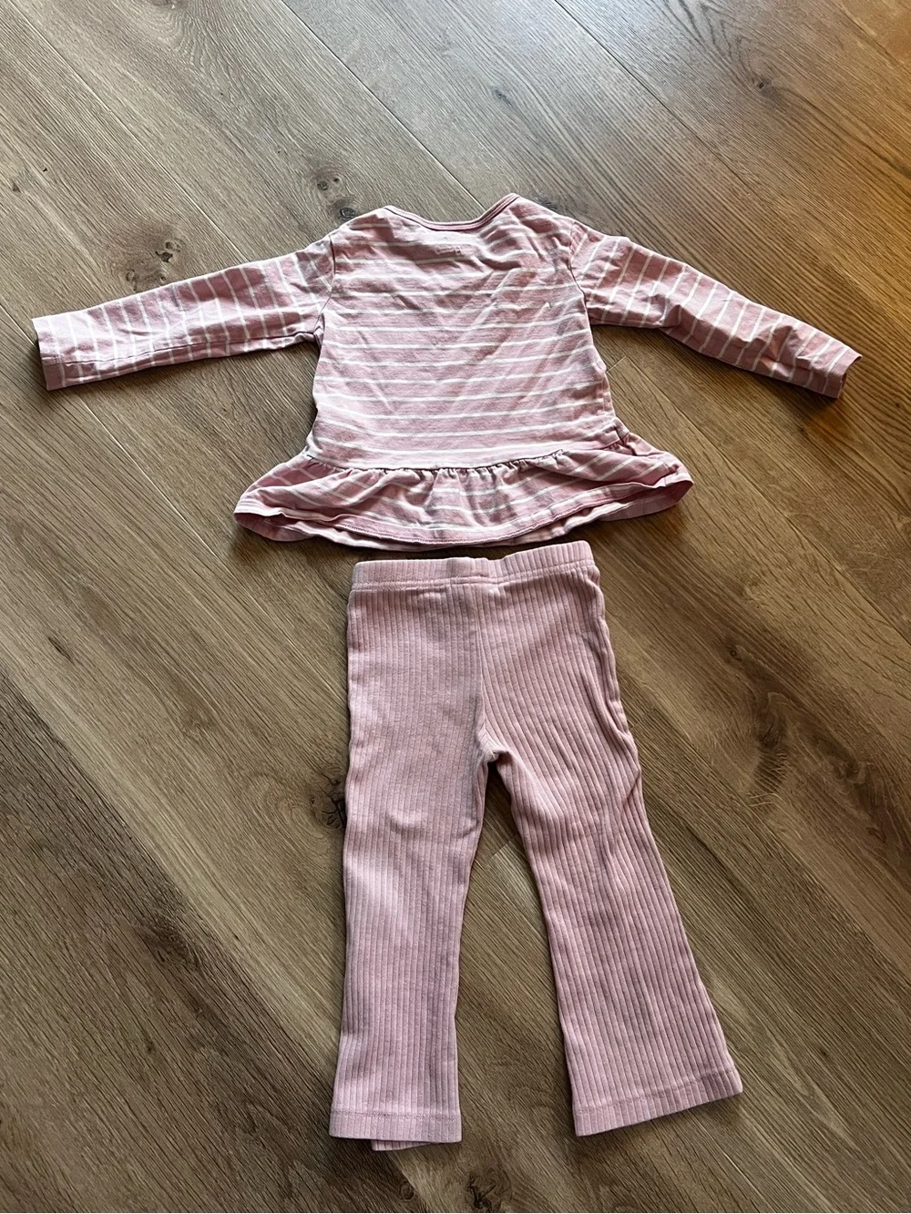 2T Cotton Pink Peplum Top with White Stripes and Pink Ribbed Flare Pants